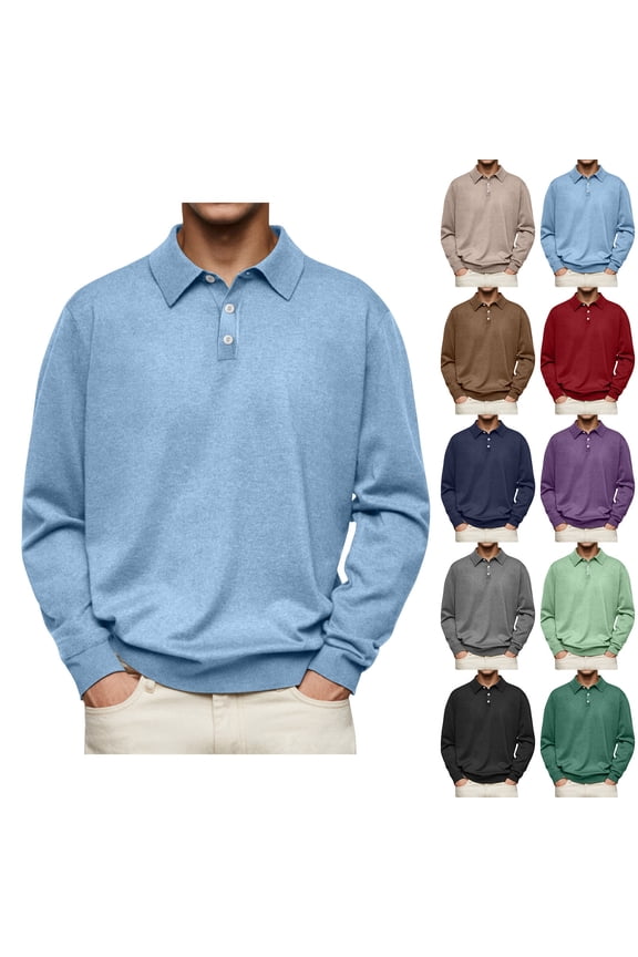 Long Sleeve Polo Sweaters for Men Casual Collared Button Top Lightweight Thermal Work Pullover Wear 2026 Brown M