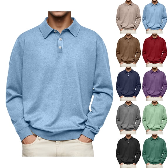 Long Sleeve Polo Sweaters for Men Casual Collared Button Top Lightweight Thermal Work Pullover Wear 2026 Light Blue 2XL