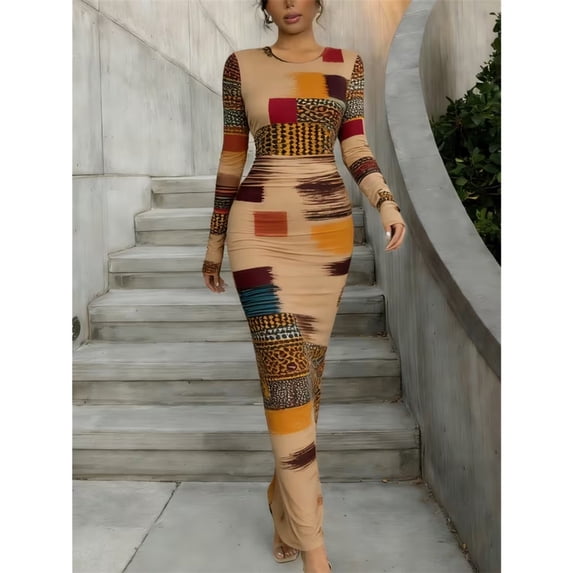 Long Sleeve Printed Bodycon Maxi Dress Women Crew Neck Floor Length Dress Suitable For Layering With Jackets