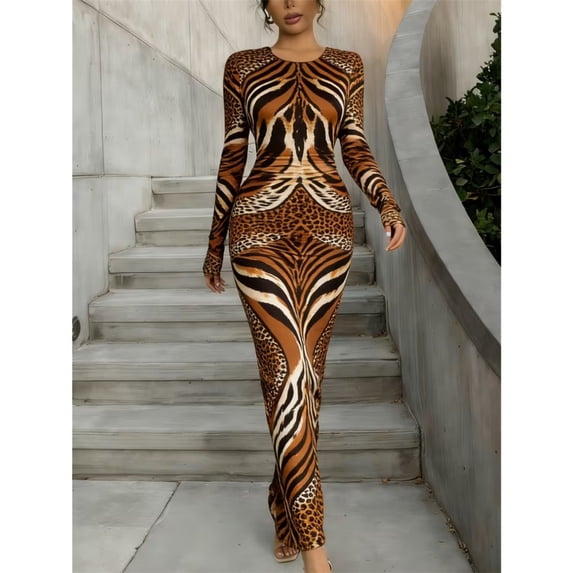 Long Sleeve Printed Bodycon Maxi Dress Women Crew Neck Floor Length Dress Suitable For Layering With Jackets