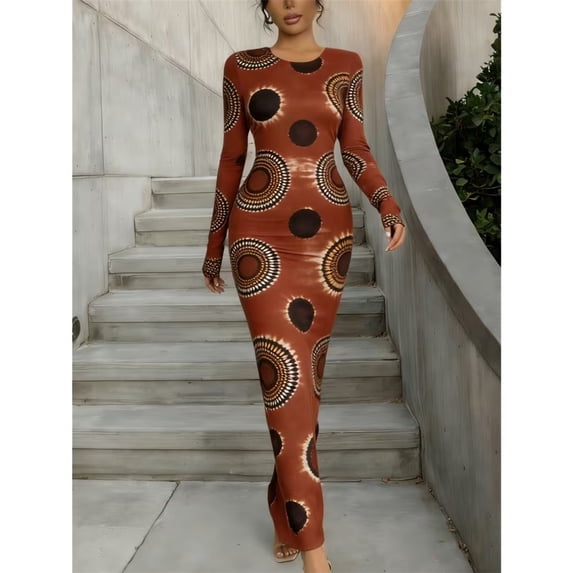 Long Sleeve Printed Bodycon Maxi Dress Women Crew Neck Floor Length Dress Suitable For Layering With Jackets