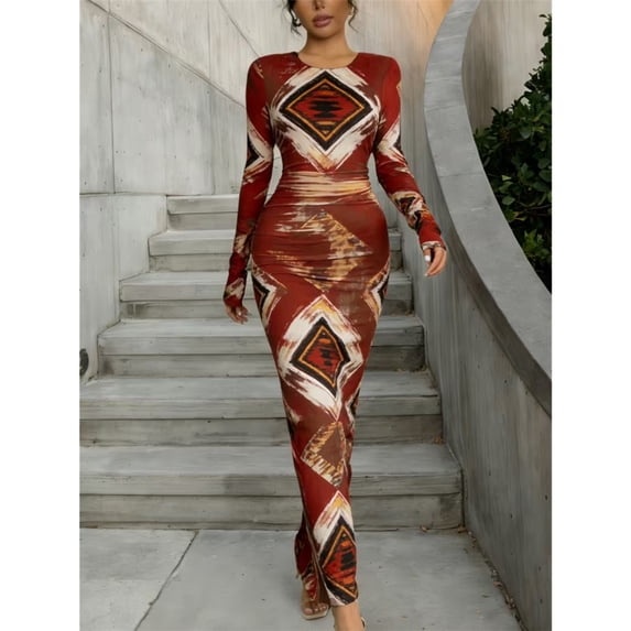 Long Sleeve Printed Bodycon Maxi Dress Women Crew Neck Floor Length Dress Suitable For Layering With Jackets