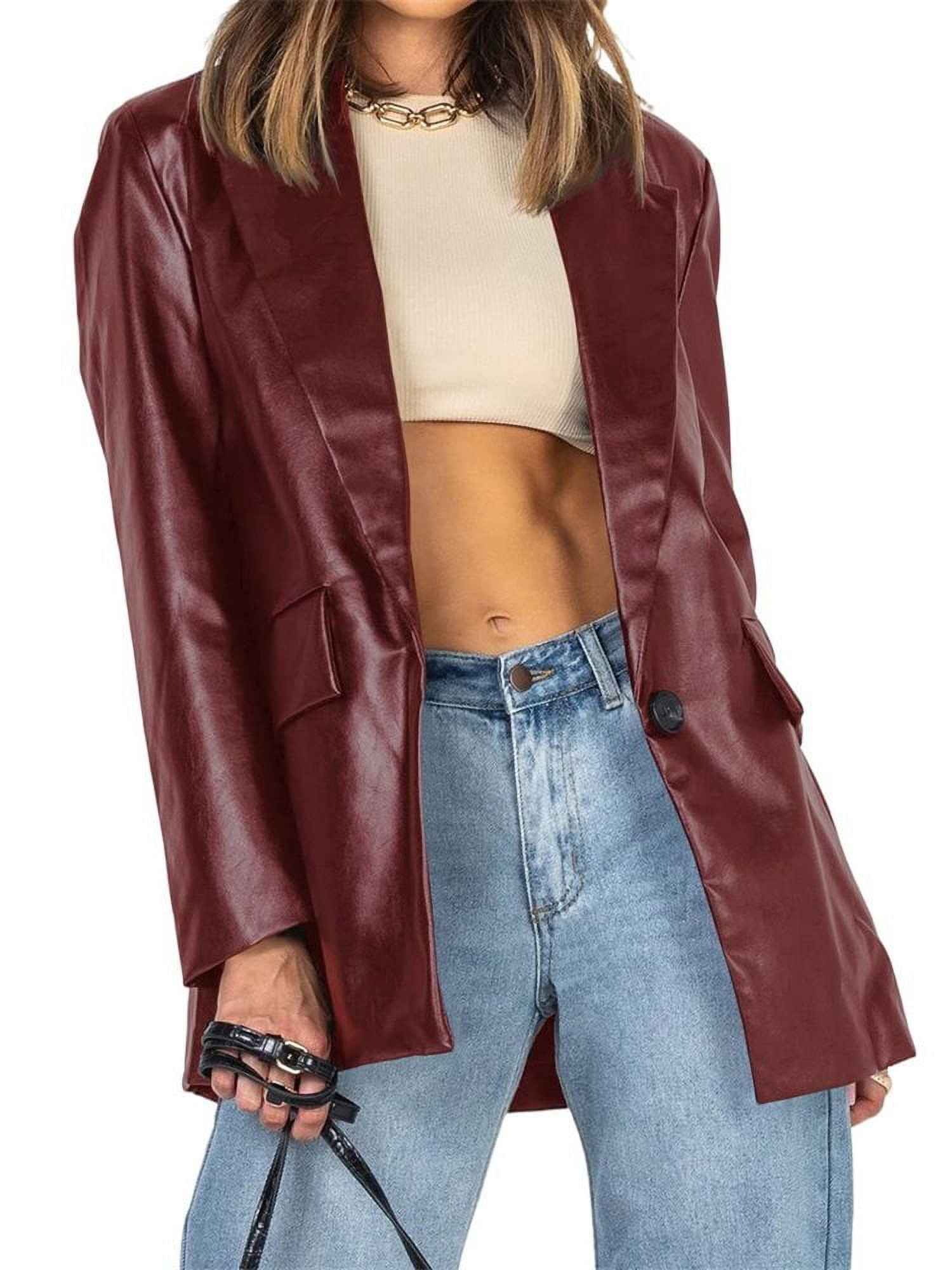 Long Sleeve Pu Jacket Turn-Down Collar Casual Faux-Leather Button Coat ...