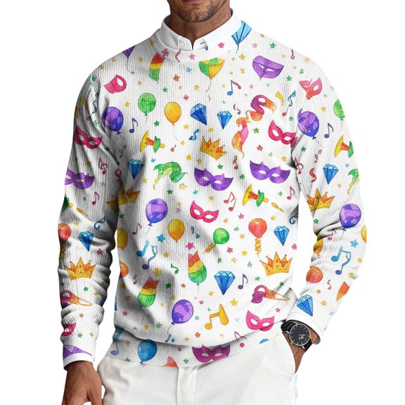 Long Sleeve Pullover Shirts for Men with Mardi Gras Mask and Fleur-de-Lis Pattern Classic Fit Button Down Collar Men Knit Shirt White L