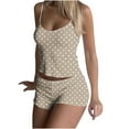 thumbnail image 1 of Long Sleeve Pullover Suit Set Womens Cami Pajama Sets Cute Polka Loungewear Suits Sleeveless Cropped Camisole Tops Matching Shorts 2 Piece Sleepwear Home Outfits Beige M, 1 of 7