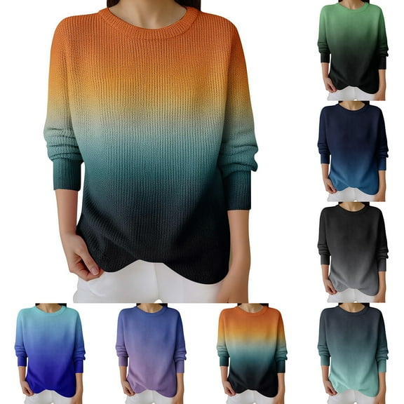 Long Sleeve Pullover Sweaters For Women O Neck Casual Cute Printing Knit Oversized Sweater for Fall Winter Colorful Looks,Cyan,S