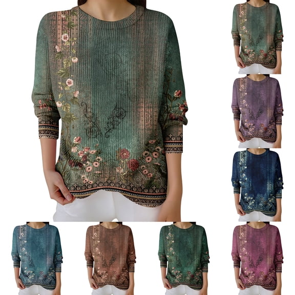 Long Sleeve Pullover Sweaters For Women O Neck Casual Cute Printing Knit Oversized Sweater for Fall Winter Garden Inspired,Coffee,S