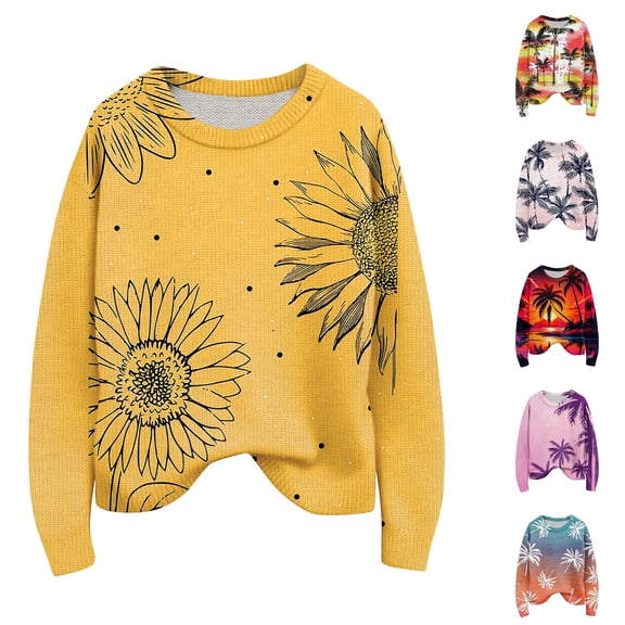 Long Sleeve Pullover Sweaters For Women O Neck Casual Cute Printing Knit Oversized Sweater for Fall Winter Geometric Prints,Saffron,L