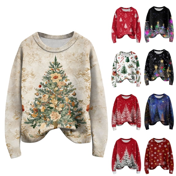 Long Sleeve Pullover Sweaters For Women O Neck Casual Cute Printing Knit Oversized Sweater for Fall and Winter, Christmas Snowflake Print, Cozy and Festive, Christmas Sweaters for Women ,Khaki,XL