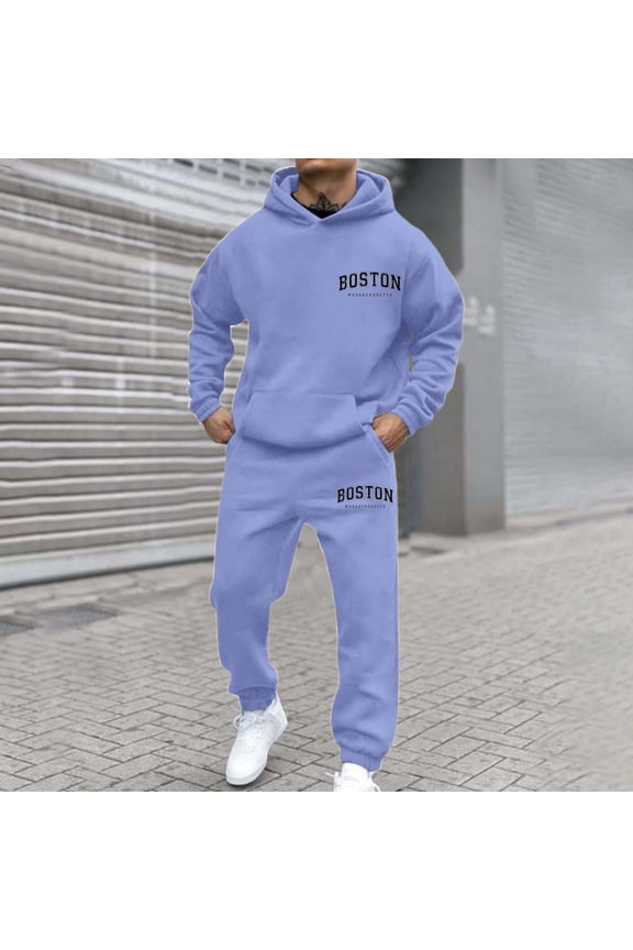 Long Sleeve Pullover Sweatshirt Jogger Pants Sweatsuit Men's Tracksuit 2 Piece Hoodie Athletic Jogging Sweatsuits for Men Casual Sports Long Sleeve Pullover Suit Set (Light Blue, S)