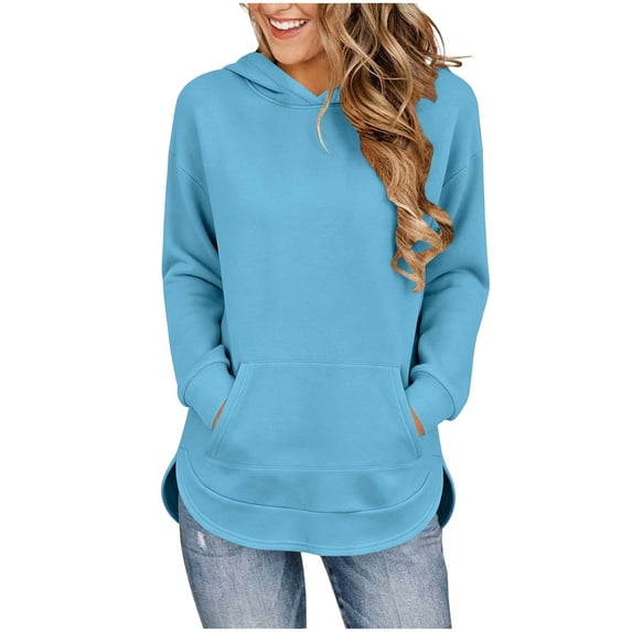 Long Sleeve Pullover Sweatshirt for Women Solid Drawstring Hoodie Front Kangaroo Pocket Curved High Low Hem Loose Spring Fall Winter Casual Tops