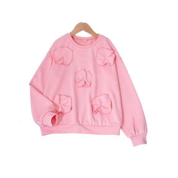Long Sleeve Pullover Sweatshirt with Unique 3D Decorative Elements Casual Loose Fit Crew Neck Top for Girls Teens