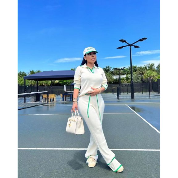 Long Sleeve Pullover Tops with Long Straight Leg Pants Set (M, White)