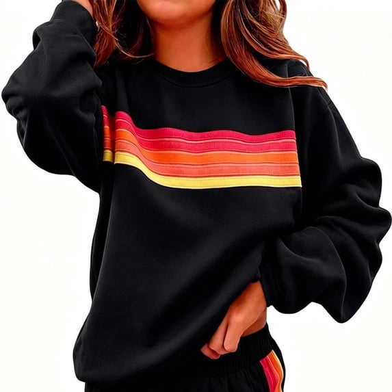 Long Sleeve Pullover for Women Fall Fashion Rainbow Striped Printed Crewneck Sweatshirts