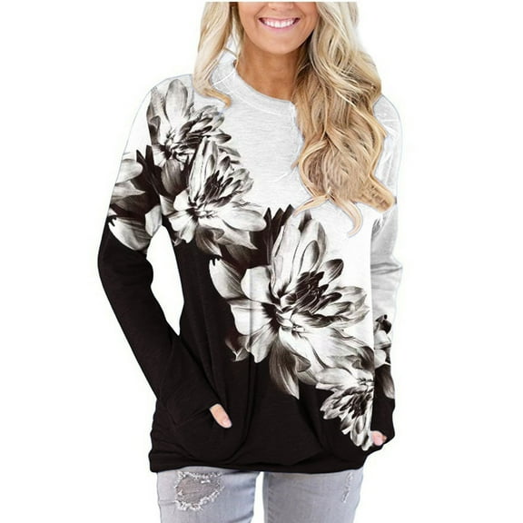 Long Sleeve Pullover for Women Round Neck Floral Printed Tops 2024 Fashion Loose Casual Blouse