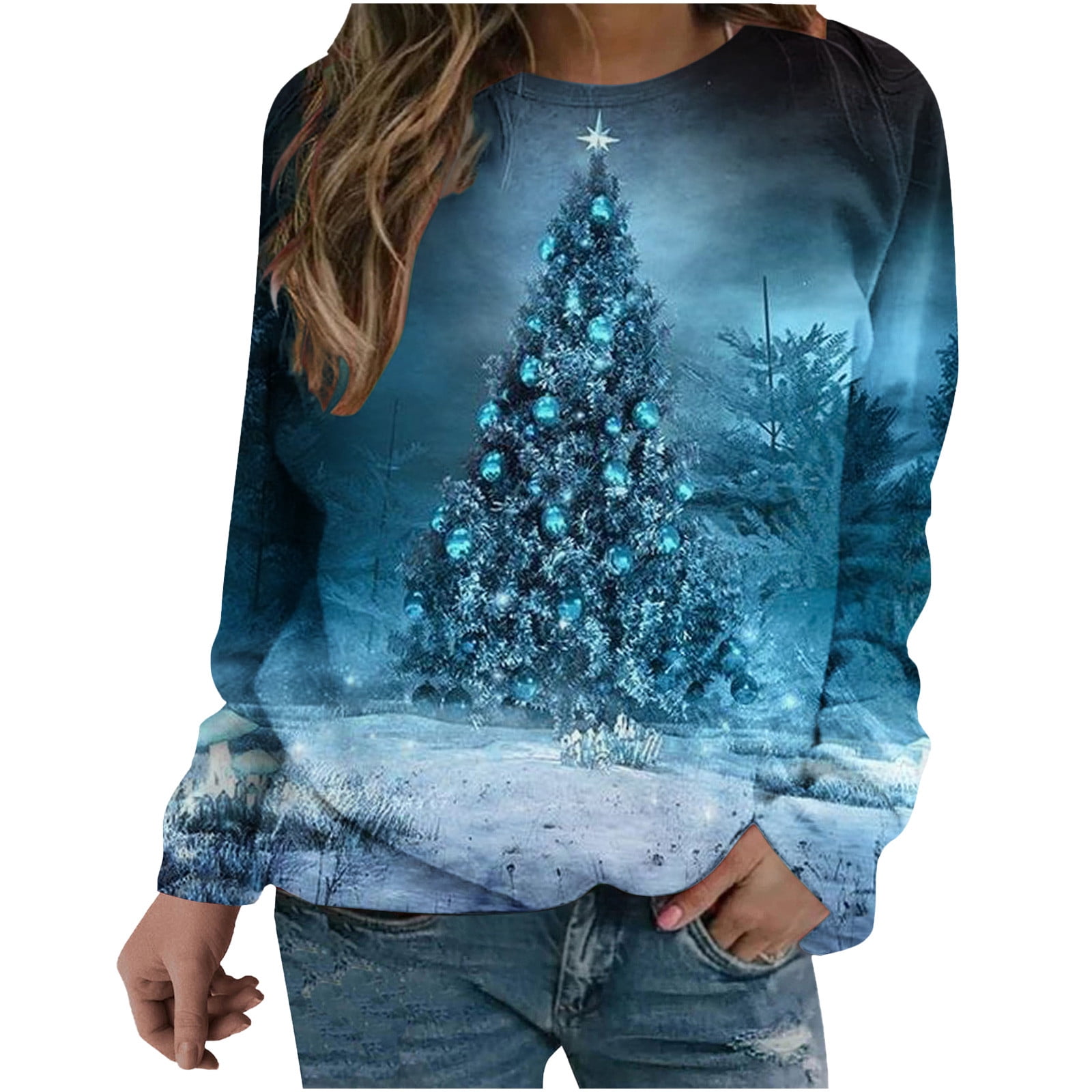 Long Sleeve Pullover for Women Trendy Shiny Christmas Tree Print