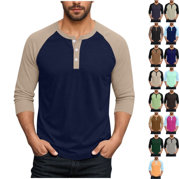 Long Sleeve Raglan Henley for Men Casual T-Shirts Summer Spring Color Block Baseball Shirts Fashion Outdoor Streetwear