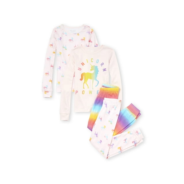 Long Sleeve Rainbow 'Unicorn Power' All Around Unicorn Printed 4 Piece Pajama Set (Little Girls & Big Girls)