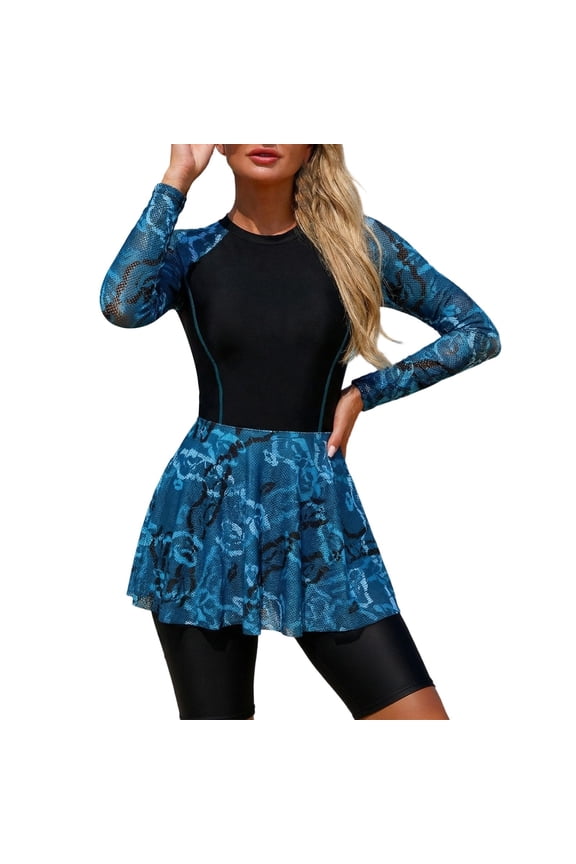 Long Sleeve Rash Guard Set for Women Tankini with Built In Bra Floral Print Two Piece Swimsuit Black S