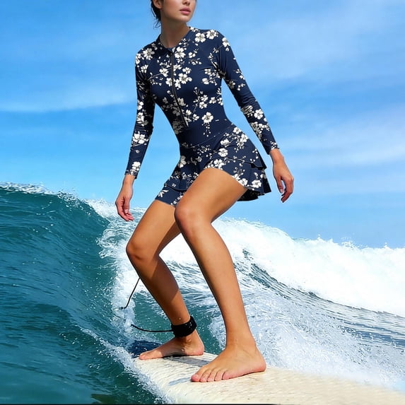 Long Sleeve Rash Guard Swimdress for Women Built-in Bra One Piece Swimsuits with Shorts Zip Front Surf Suit Floral Print Full Coverage Tummy Control Bathing Suits