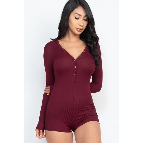 Long Sleeve Ribbed Button Neck Bodycon Romper