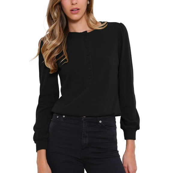 Long Sleeve Ribbed Knit Shirts for Women Casual Button Down Crew Neck Tops Trendy Henley Shirt XS Black