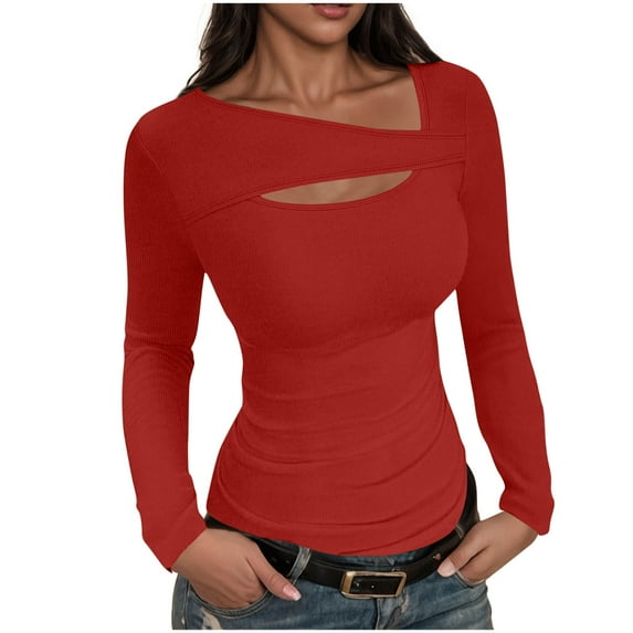 Long Sleeve Ribbed Tops Womens Cutout Casual Basic Pullover Fall Knit Undershirts Stretch Layering Tee Shirts, Red 2XL