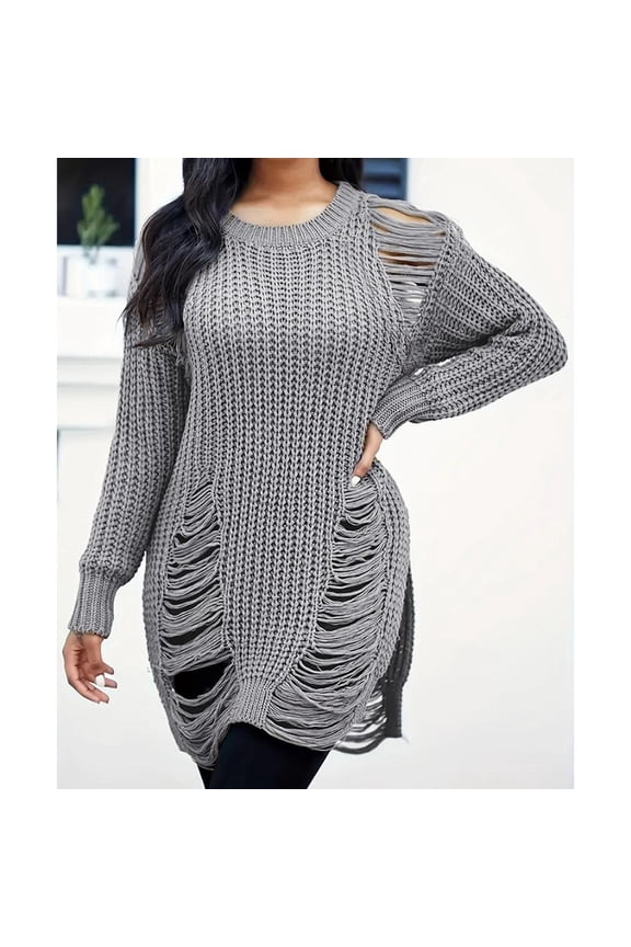 Long Sleeve Ripped Casual Loose Pullover Sweater (L, Grey)