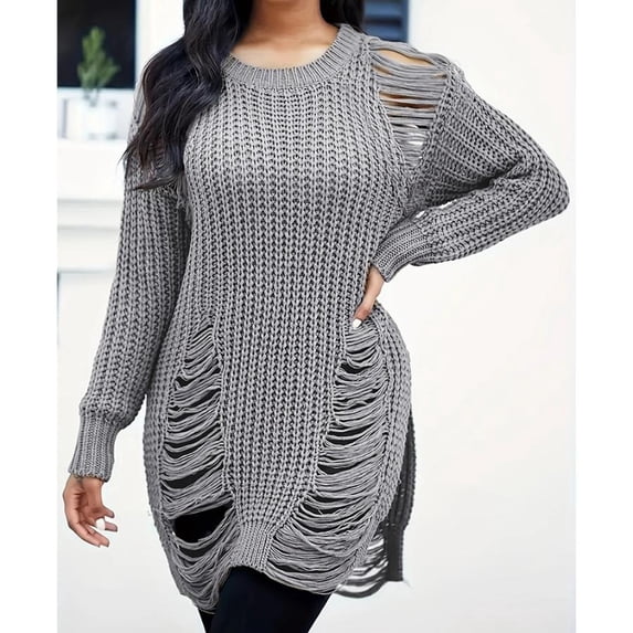 Long Sleeve Ripped Casual Loose Pullover Sweater (XL, Grey)