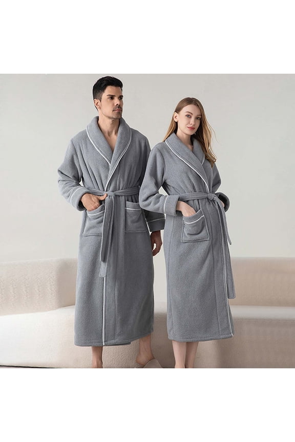 Long Sleeve Robes for Men Women Plush Fleece Collared Bathrobes with Pockets and Belt Couples Casual Solid Thermal Warm Loungewear Bath Robe Pajamas