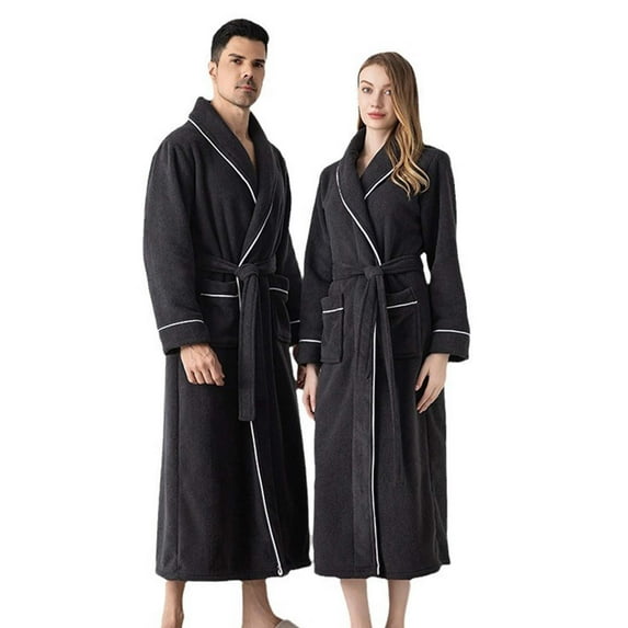 Long Sleeve Robes for Men Women Plush Fleece Collared Bathrobes with Pockets and Belt Couples Casual Solid Thermal Warm Loungewear Bath Robe Pajamas