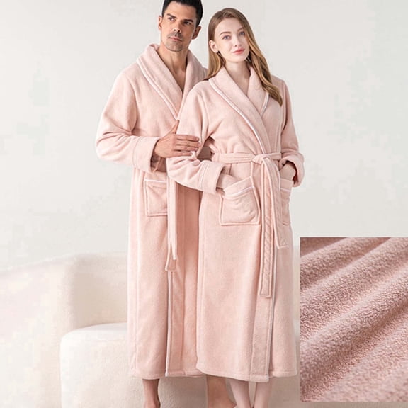 Long Sleeve Robes for Men Women Plush Fleece Collared Bathrobes with Pockets and Belt Couples Casual Solid Thermal Warm Loungewear Bath Robe Pajamas