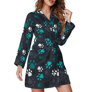 Long Sleeve Robes for Women Animal Footprints Soft Belted Bathrobe Nightgown V Neck Sleepwear Loungewear