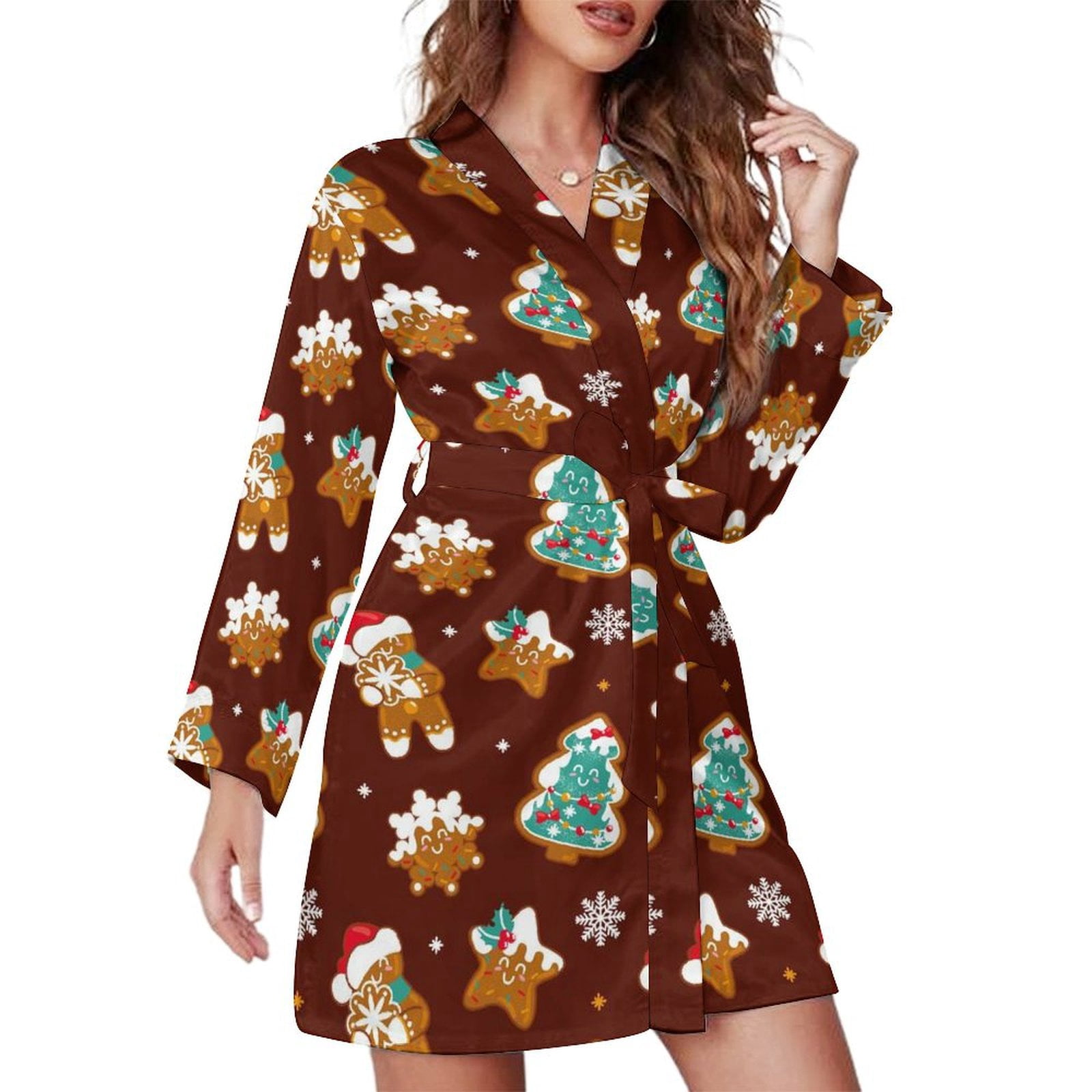 Gingerbread Heated Robe Long Sleeve Robes for Women Christmas Gingerbread Soft Belted Bathrobe ...
