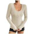 thumbnail image 1 of Long Sleeve Round Neck Buttons Slim Fit Ribbed Knit Tops for Women Solid Tunics Shirt Pullover Sweater Khaki,M, 1 of 6