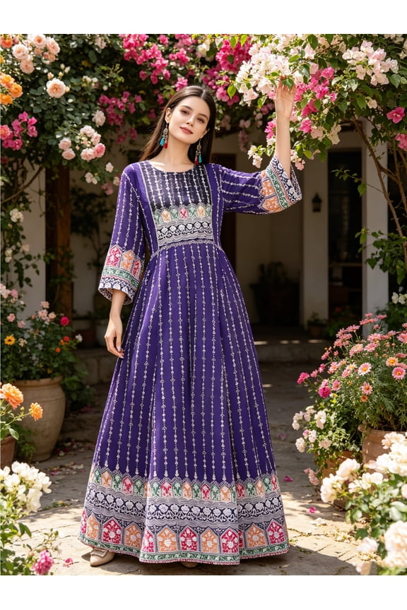 Long Sleeve Round Neck Woven Maxi Dress Engineered Ethnic Border Print Vertical Stripe Bohemian Gown for Summer Vacation and Resort