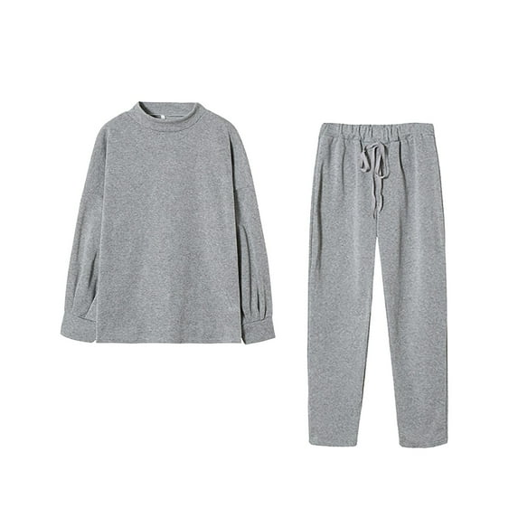 Long Sleeve Round Neckline Plus Size Casual Solid Color Polyester Two Piece Set Of Tops And Pants