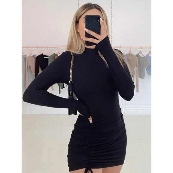 Long Sleeve Ruched Bodycon Dress Women Turtleneck Bandage Mini Dresses Autumn Black Skinny Stretchy Party Vestidos
