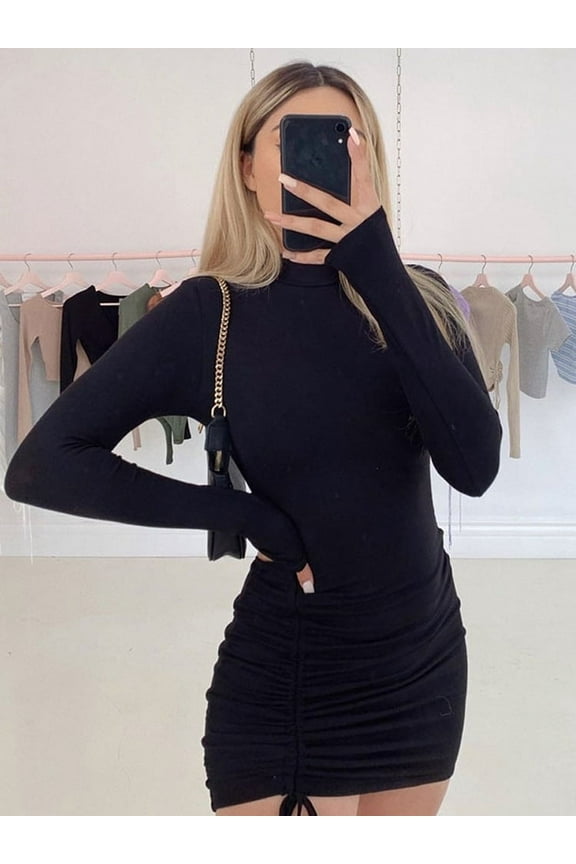 Long Sleeve Ruched Bodycon Dress Women Turtleneck Bandage Mini Dresses Autumn Black Skinny Stretchy Party Vestidos