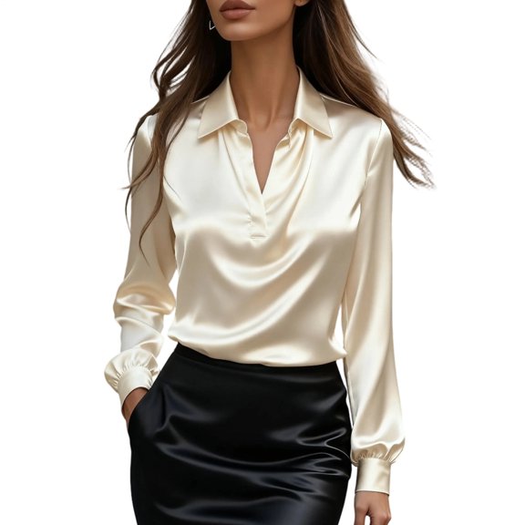 Long Sleeve Satin Blouses for Women | V Neck Long Sleeve | Dressy Casual Shirts Fashion Business Tops | Daily Wear