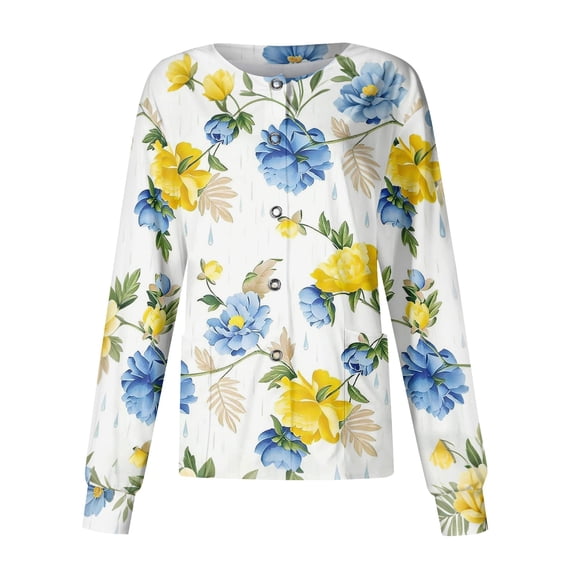 Long Sleeve Scrub Tops Women Snap Front Lightweight Medical Uniform Fashion Hawaiian Tropic Scrub Jackets Easy Care Soft Nurse Shirt White M