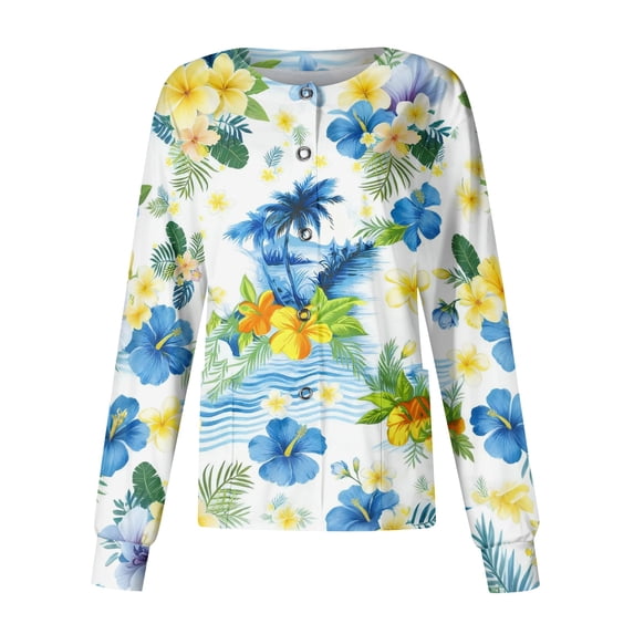Long Sleeve Scrub Tops Women Snap Front Lightweight Medical Uniforms Cute Hawaiian Tropic Scrub Jackets Soft Breathable Nursing Jacket White 3XL