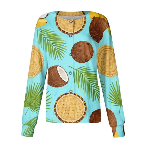 Long Sleeve Scrub Tops Women Snap Front Lightweight Scrub Jackets Fashion Hawaiian Tropic Medical Uniform Soft Comfy Scrub Coats for Women Light Brown 5XL