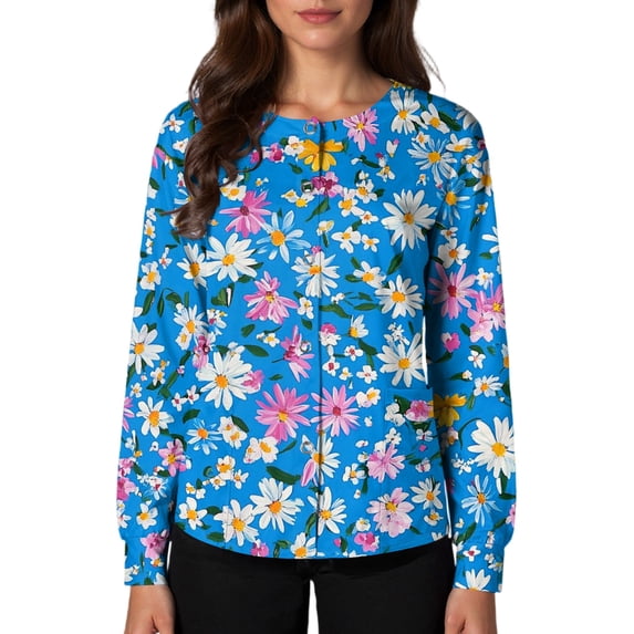 Long Sleeve Scrub Tops Women Snap Front Lightweight Scrub Jackets Trendy Floral Print Medical Uniform Easy Care Soft Nursing Jacket Sky Blue 3XL