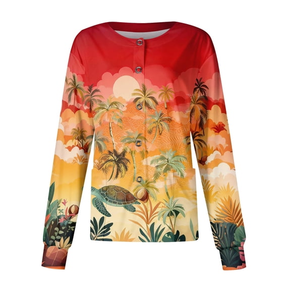 Long Sleeve Scrub Tops Women Snap Front Lightweight Scrub Jackets for Women Trendy Hawaiian Tropic Scrub Jackets Soft Breathable Nurse Working Uniform Yellow L