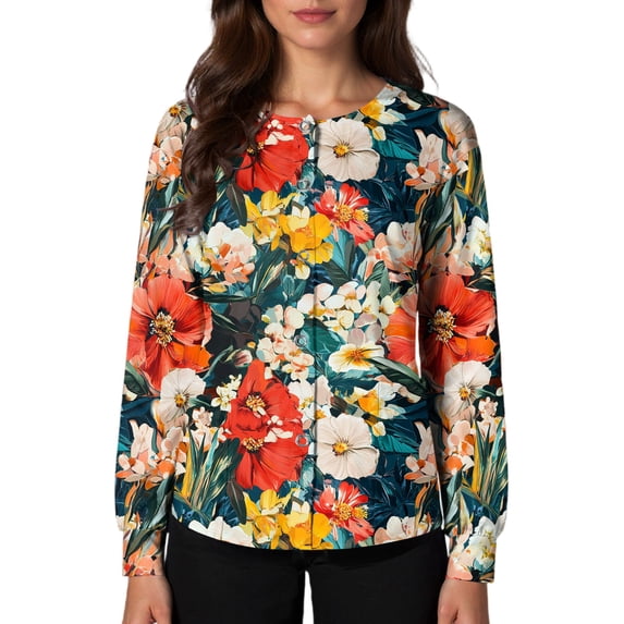 Long Sleeve Scrub Tops Women Snap Front Lightweight Scrub Jackets for Women Trendy Floral Print Scrub Tops Soft Comfy Nurse Working Uniform Red 5XL