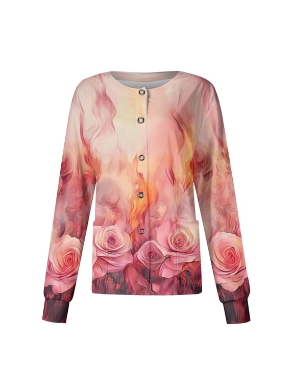 Long Sleeve Scrub Tops Women Snap Front Lightweight Scrub Tops Fashion Floral Print Scrub Jackets for Women Soft Comfy Nursing Jacket Pink XL