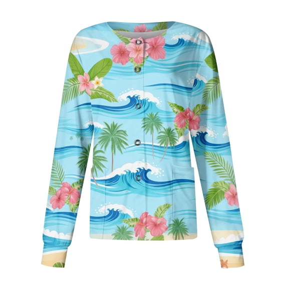 Long Sleeve Scrub Tops Women Snap Front Lightweight Women's Medical Scrub Jackets Funny Hawaiian Tropic Scrub Jackets Easy Care Soft Scrub Coats for Women Sky Blue L