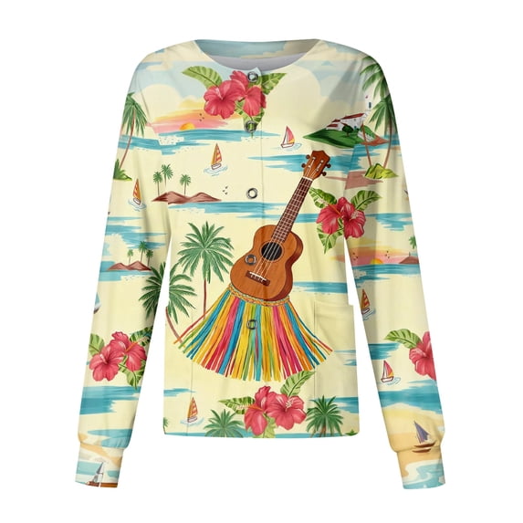 Long Sleeve Scrub Tops Women Snap Front Lightweight Women's Medical Scrub Jackets Trendy Hawaiian Tropic Scrub Tops Soft Comfy Nursing Jacket Beige XL