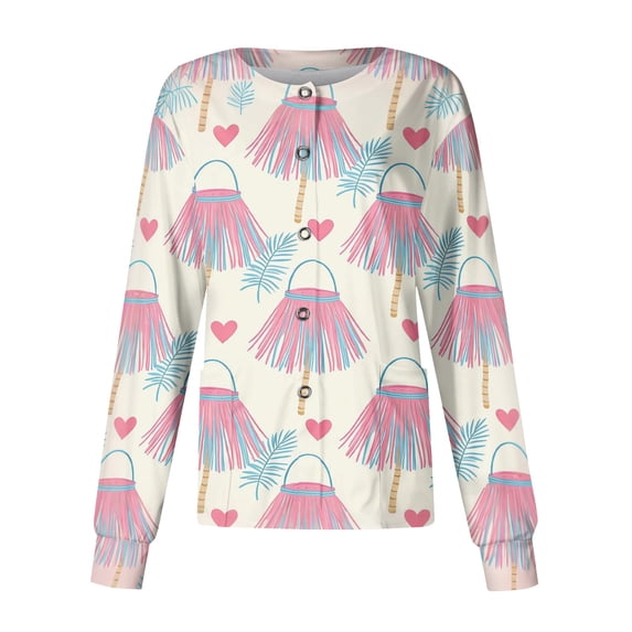 Long Sleeve Scrub Tops Women Snap Front Plus Size Medical Uniforms Lightweight Hawaiian Tropic Scrub Jackets Soft Comfy Scrub Coats for Women Light pink XL